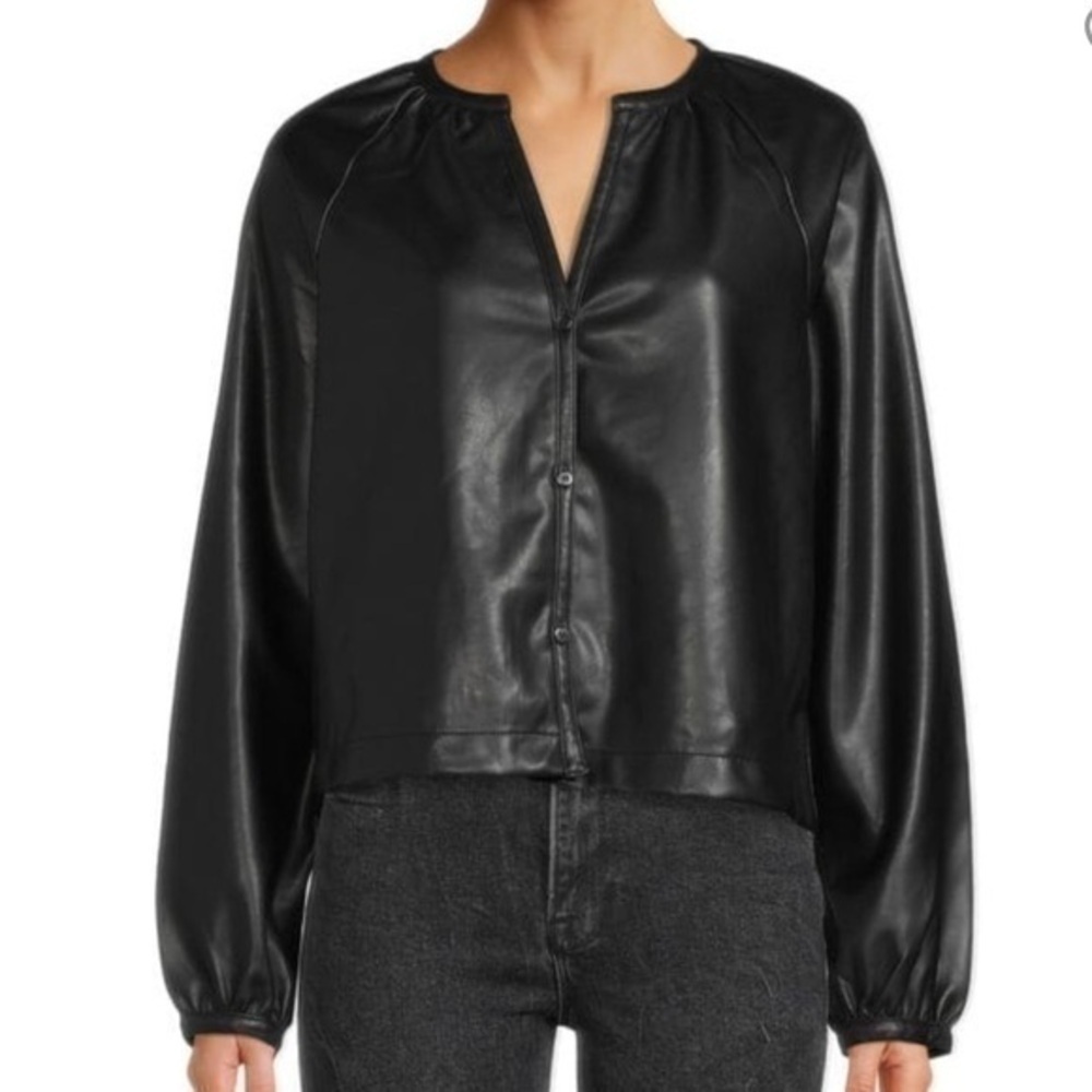 Avec Les Filles Feaux Leather Bubble Sleeve Blouse Small Black